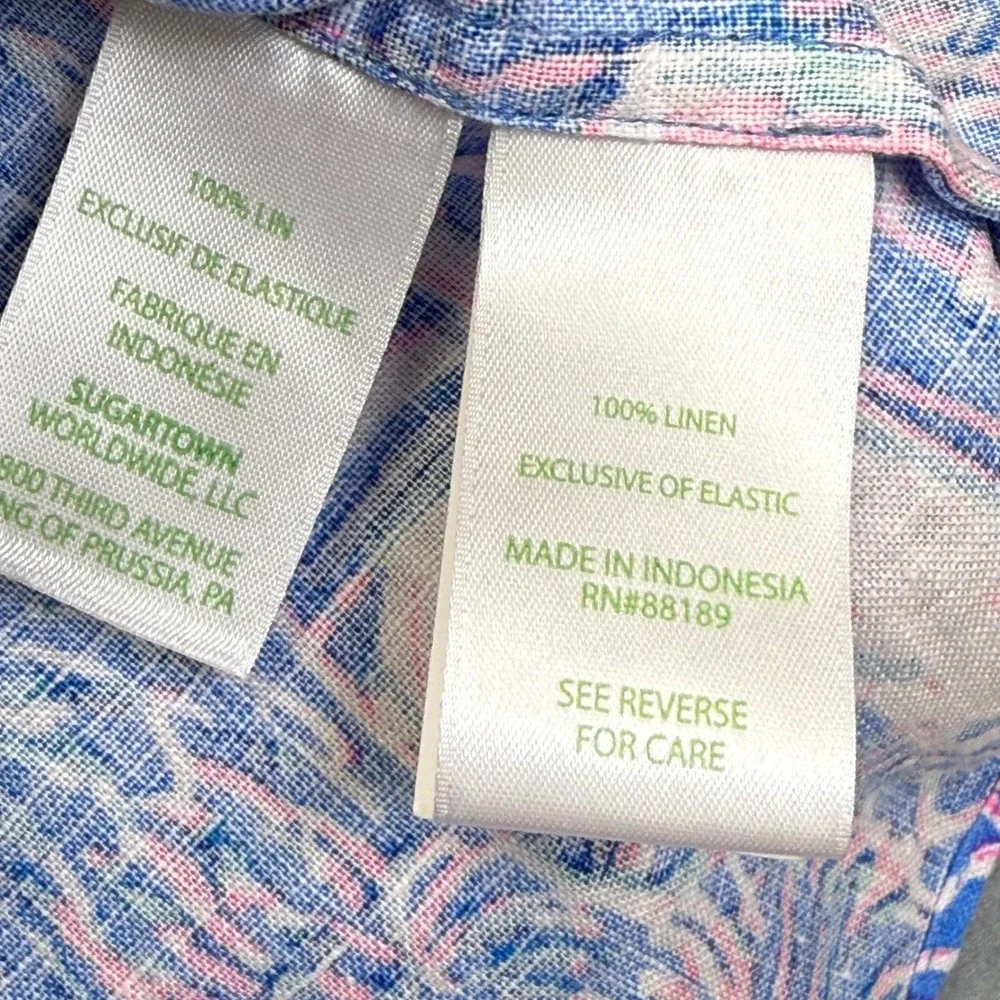 Lilly Pulitzer Yvette Linen Top 8 Blue Pink Sailboat‎ Puff Sleeve Smocked 013352